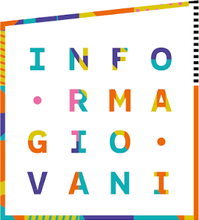 Multicoloured Informagiovani lettering inside a square frame